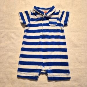 Baby Boden boys 3-6 months blue & white striped terry romper EUC